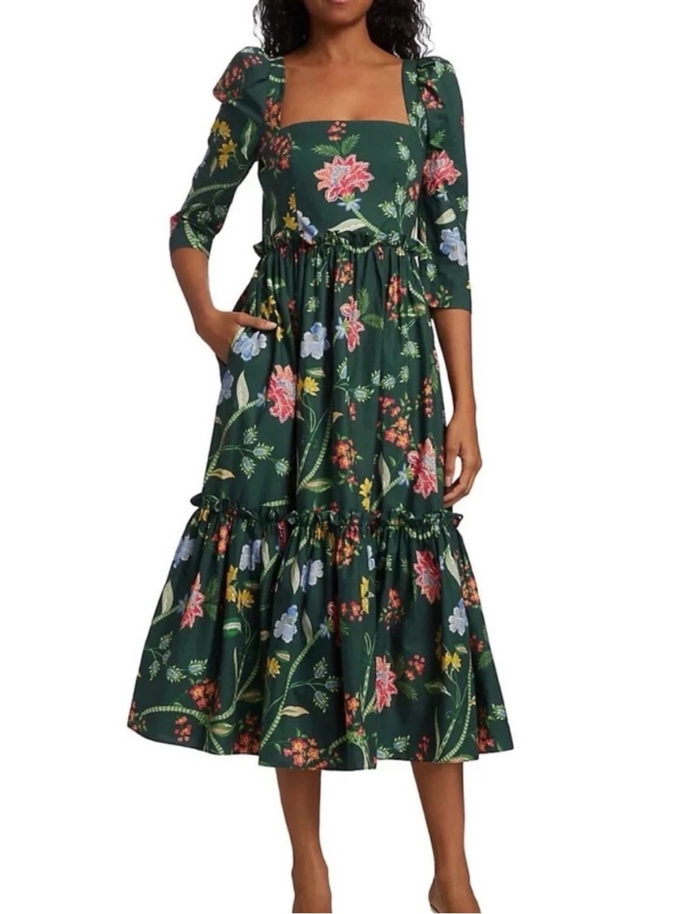 Cara Cara Blue Hill Dress: Dark Green Floral Maxi Dress with Puff Sleeves